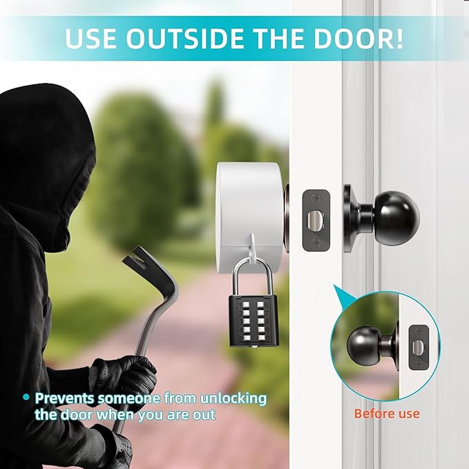 2 Pack Door Knob Lockout Device, Door Knob Cover Lock, Child Proof Door Knob Covers with Combination Padlock, Door Handle Lock for Dementia Elderly Safety, Temporary Door Lock -White