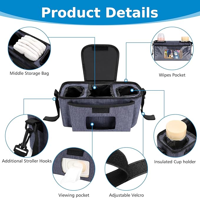 Accmor Universal Stroller Organizer with Insulated Cup Holder and Shoulder Strap, Stroller Bag Caddy Organizer Stroller Accessories for Uppababy, Baby Jogger, Nuna, Doona, Britax Strollers