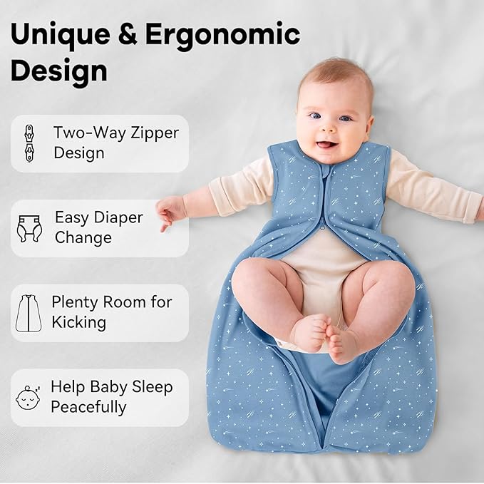 Baby Sleep Sack 0-6 Months 3 Pack 100% Cotton Lightweight 0.5 TOG Wearable Blanket Baby Sleep Bag with 2-Way Zipper for Newborn Infant Blue
