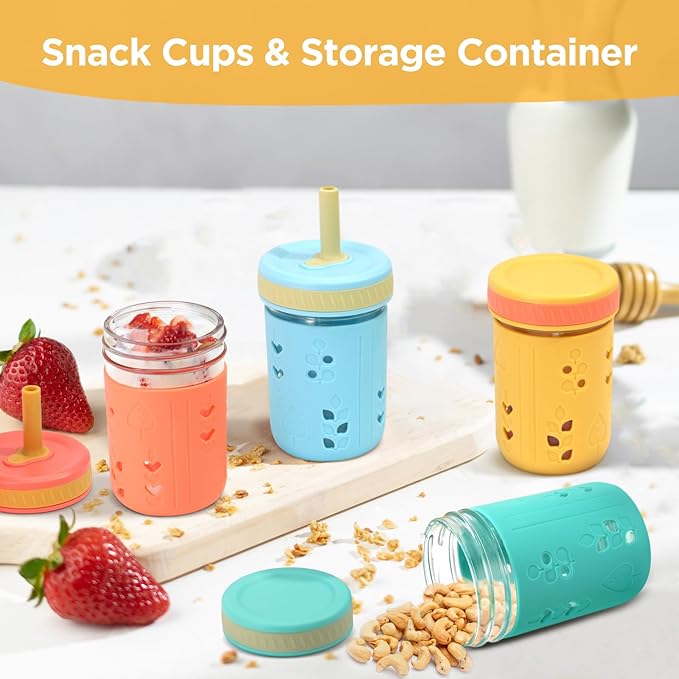 Tronco 8 oz Glass Sippy Cup for Toddlers, Kids Mason Jar Smoothie Cup with Silicone Sleeves & Spill Resistant Flexible Straw, Snack Cup, BPA-Free, Dishwasher Safe