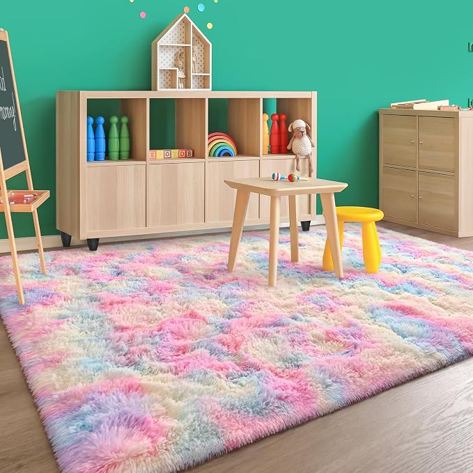 FlyDOIT Large Area Rugs for Living Room, 4x6 Feet Tie-Dyed Rainbow Shaggy Rug - Image 2