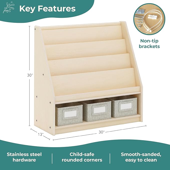 Guidecraft EdQ Book and Bin Display Natural with 3 Fabric Storage Bins: Wooden Multi-Purpose Bookcases and Toy Storage Organizer; Homeschool and Classroom Furniture