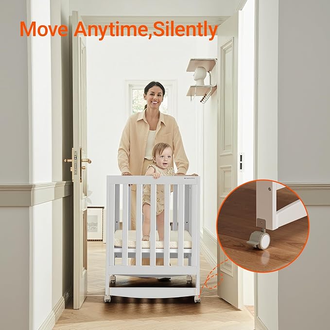 EvoNest Baby Crib, 6 in 1 Convertible Mini Crib with Wheels, 100% New Zealand Solid Wood Growing Bed, 4 Adjustable Mattress Height，White