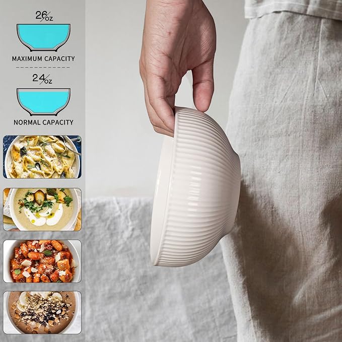 Ceramic Cereal Bowls 26 oz, Embossment Soup Bowls Set of 4, Dishwasher - Image 5