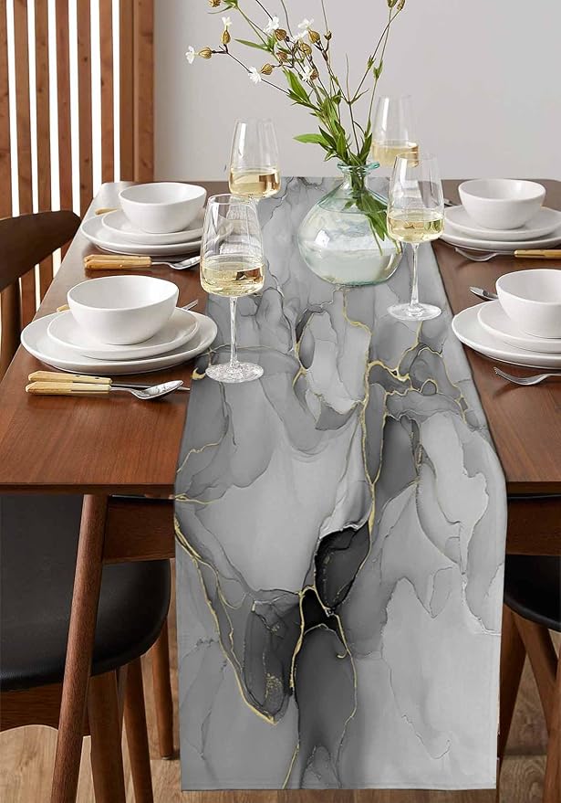 Grey Marble Table Runners 120 Inches Long, Cotton Linen Fabric Table Runner - Image 2