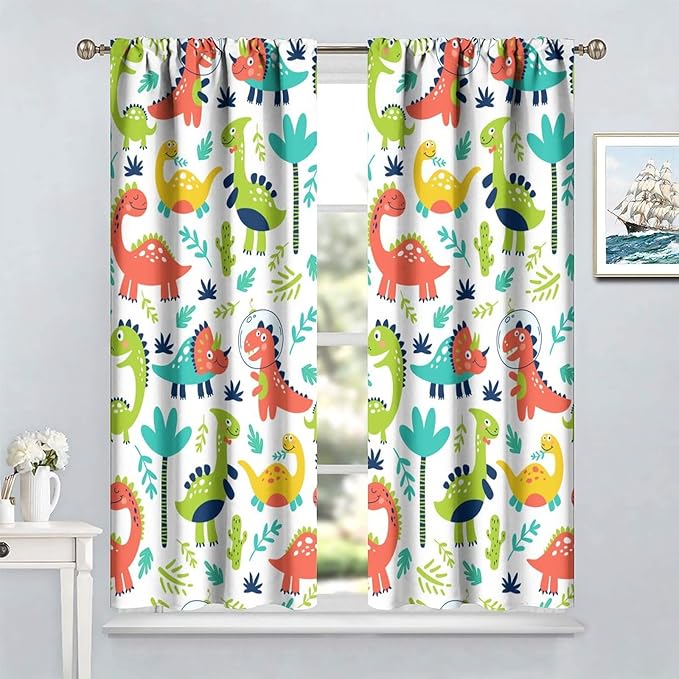 Rustic Dinosaurs Curtains Colorful Dino Kids Boys Cartoon Cute Cool Funny Decor Printed Blackout Rod Pocket Window Drapes for Living Room Bedroom W21xL45in Decor
