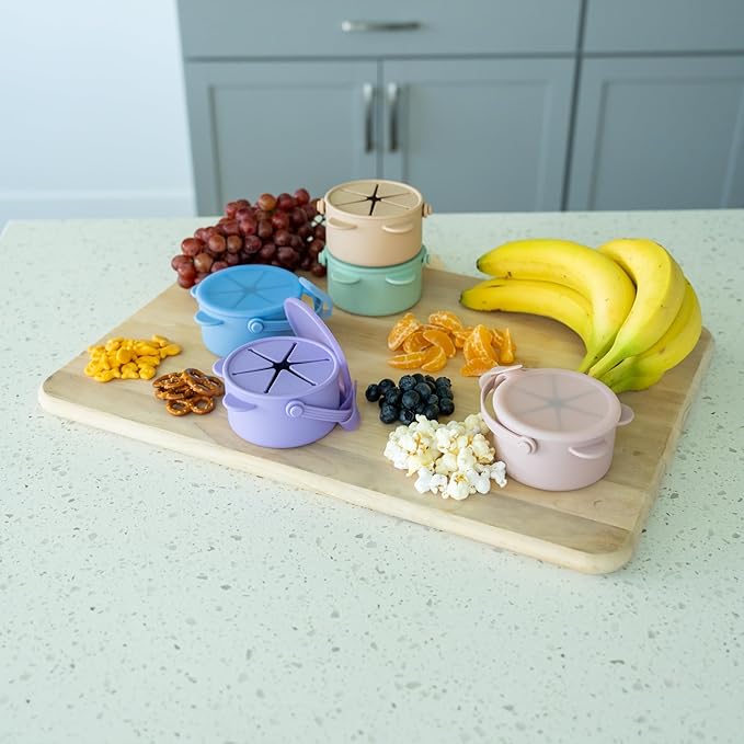 Silicone No Spill Snack Cups for Toddlers – Portable Baby Snack Cup Containers with Dustproof Lid – Dishwasher-Friendly Toddler Spill Proof Cups Without BPA, Lead, or Phthalates – Pink and Lilac