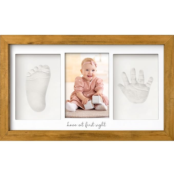 Baby Hand and Footprint Kit - Clay Handprint Keepsake Frame, Newborn Nursery Picture Frame, Personalized New Mom Gifts for Baby Shower & Registry (Golden Wheat)