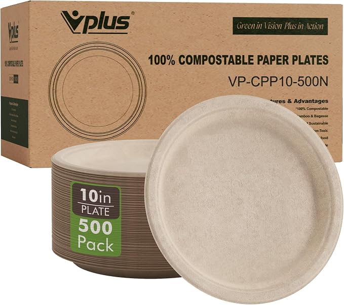 Vplus 500 Pack Compostable Bagasse Paper Plates 10.25 inch, Nature | Super by Vplus