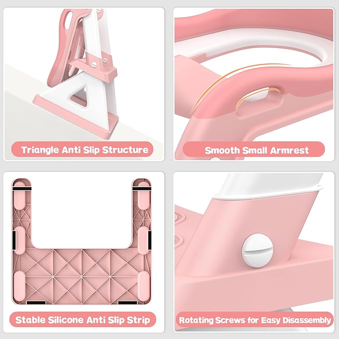 2 in 1 Potty Training Toilet Seat & Toddler Step Stool, Bottom Triangle Stability Toddler Toilet Seat, Adjustable Step & Seat Height Potty Seats for Toddlers Boys Girls (Pink)