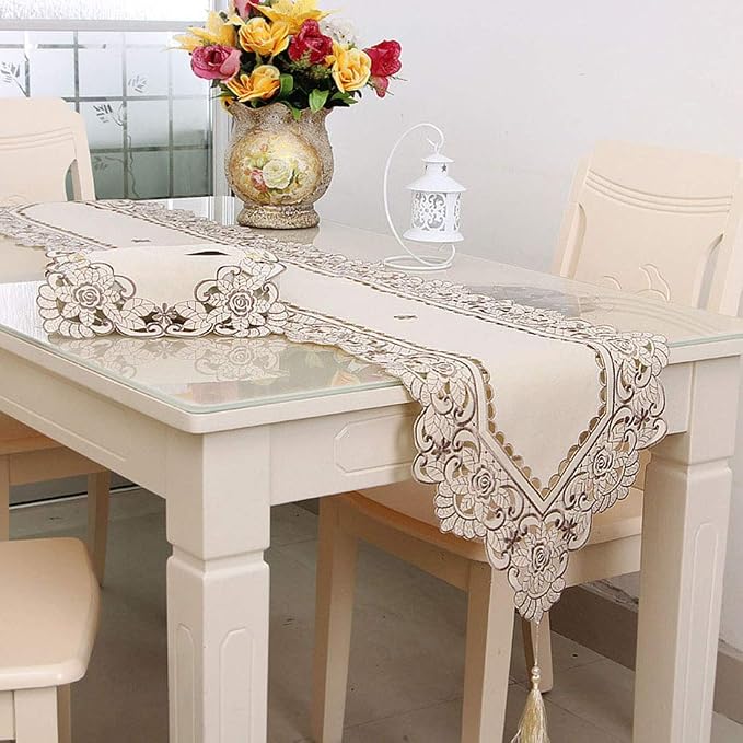 LeLehome 15 Inch X 96 Inch Table Runner, Classic Brown Flowers Embroidery Home - Image 2