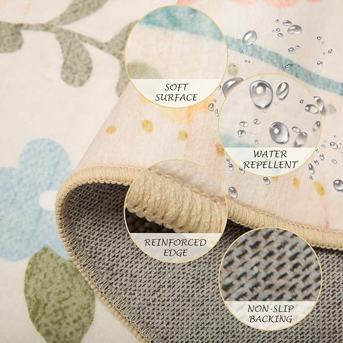 Floral 3x5 Area Rug Machine Washable Soft Print Boho Carpet Non Slip Doormat Low Pile Flower Area Rugs for Living Room Bedroom Nursery Kitchen Dining Room Indoor-Beige/White/Orange