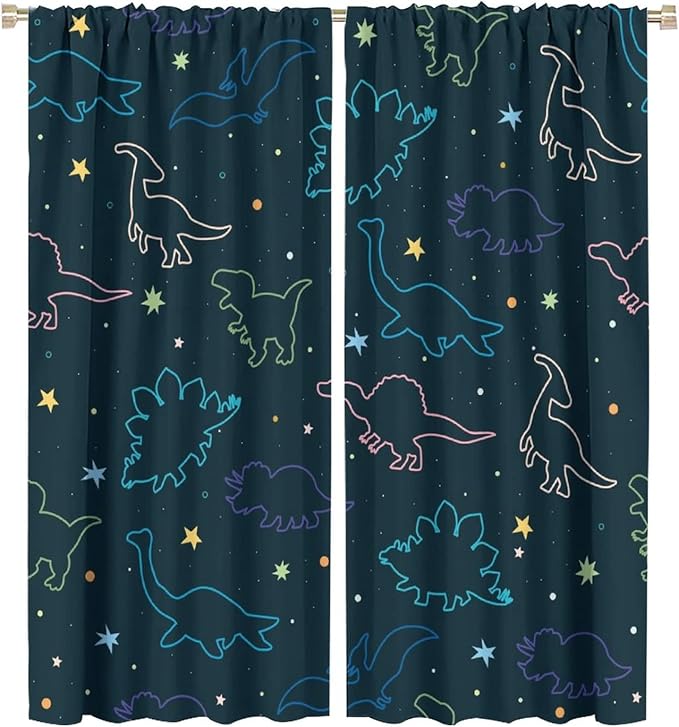 Cartoon Colorful Dinosaur Curtains for Kids Boys Girls Home Decor, Astronaut Funny Outer Space Star Blackout Rod Pocket Window Drapes for Bedroom Living Room W27.5xL63in 2 Panels