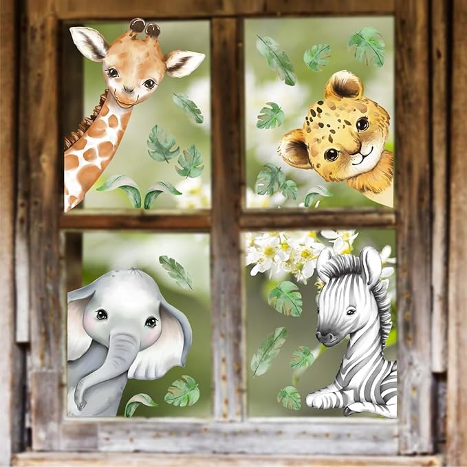 22.44 x 21.25 Inch Watercolor Jungle Animal Window Clings Tiger Lion Elephant Zebra Window Stickers Double-Side Safari Animal Window Stickers for Baby Nursery Playroom Bedroom Window Glass Wall Decor