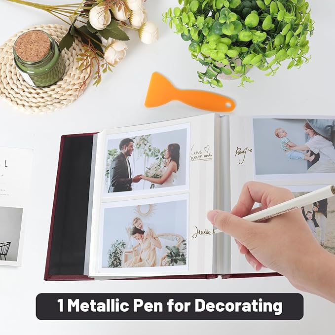 RECUTMS Photo Album Self Adhesive Magnetic Scrapbook 4x6 5x7 8x10 Pictures Scrapbook Album, 40 Pages Photo Book for DIY Baby Family Wedding with Metal Pen and Plastic Board (Brown)