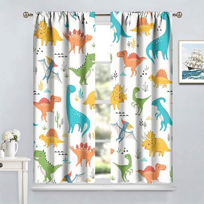 Kids Dinosaur Curtains for Boys Girls Bedroom Decor Cartoon Dino Colorful Cute Funny Animal Wildlife Printed Blackout Rod Pocket Window Drapes for Baby Nursery Playroom Living Room W21xL63in 2 Panels