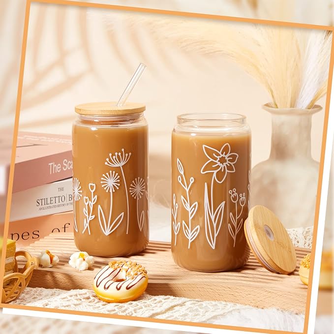 Mumufy 4 Pack Glass Cups Gift Aesthetic Cute Glass Cup Tumbler Flower Iced - Image 4