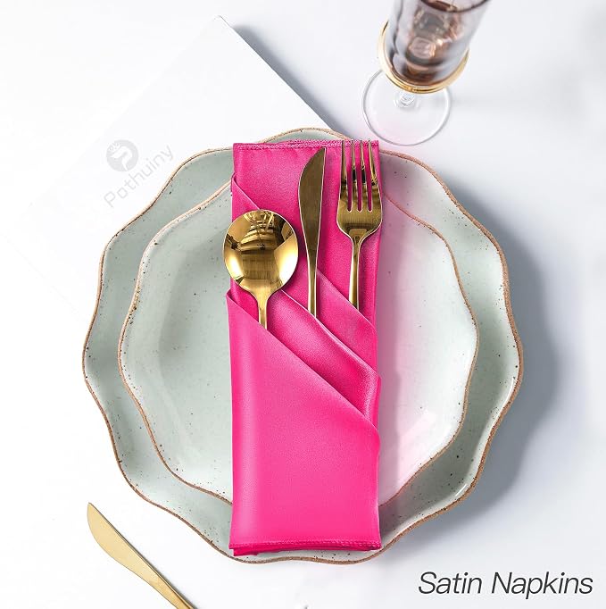 P Pothuiny 24 Pcs Hot Pink Satin Napkins 17 x 17 Inch, Satin Cloth Napkins | - Image 5