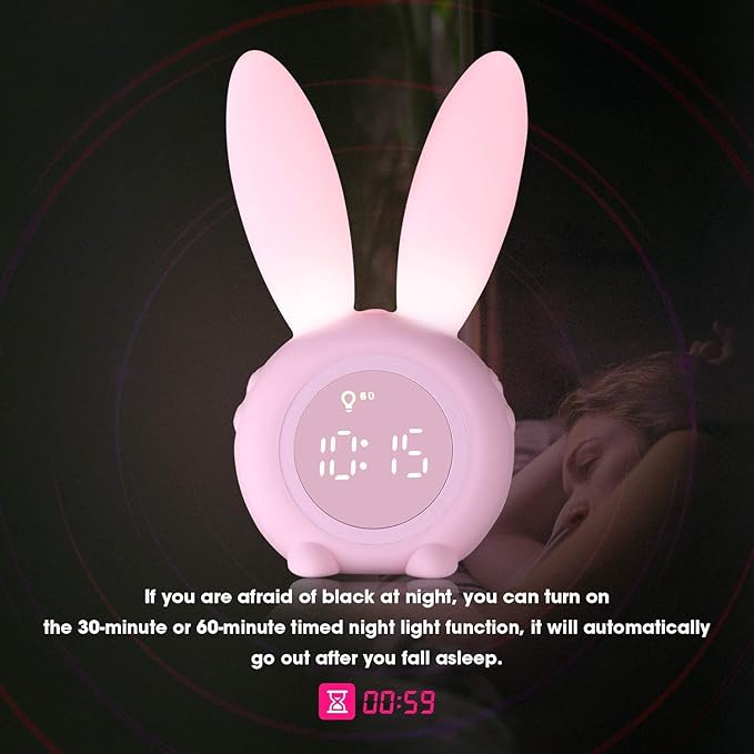 KDtech Kids Alarm Clock with Night Light 6 Ringtones, Cute Pink Bunny Digital Alarm Clock for Kids, Touch Control and Rechargeable Sleep Trainer Clock for Boys Girls Bedroom