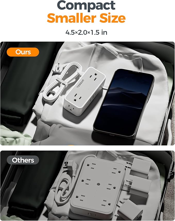 Flat Plug Extension Cord 5 FT, TESSAN Surge Protector Power Strip with 4 AC Outlets 1 USB C and 2 USB A Ports, 900 Joules Protection, Multiple Wall Outlet Extender Suitable for Home Office Dorm