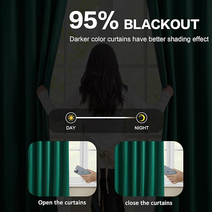 KEQIAOSUOCAI Hunter Green Blackout Curtains with Pinch Pleat, Dark Emarald Green Room Darkening Curtain 84 Inches Long, Thermal Insulated Window Treatment with Hooks 40x84-2PCs