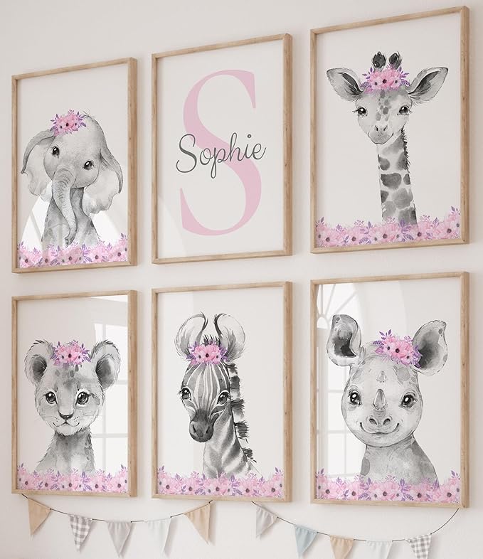 Personalized Safari Animals for Baby Girls Nursery Bedroom Unframed Set of 6 Poster Prints, Personalized Name Pink Purple Flowers Wall Art Decor New Baby Gift Present, Elephant Giraffe Panda Zebra Lion (8x10)