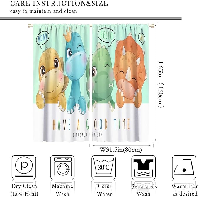 Kids Dinosaur Curtains for Boys Girls Bedroom Decor Cartoon Dino Colorful Cute Funny Animal Printed Blackout Rod Pocket Window Drapes for Baby Nursery Playroom Living Room W31.5xL63in 2 Panels