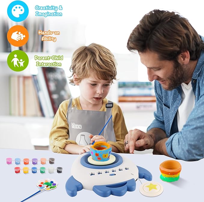 deAO Pottery Wheel for Kids Complete Painting Set for Beginners Mini Pottery Wheel Kit with Air Dry Clay Tools, Arts & Crafts Clay Wheel Toys Birthday Gifts for Girls Boys Age 3+ (Blue)