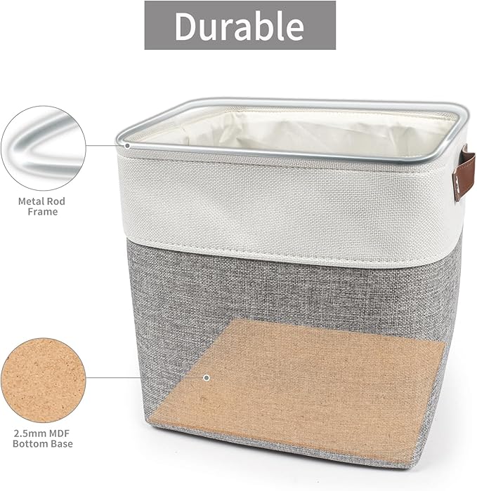 Collapsible Fabric Storage Cubes 11x11 Cube Storage Bins, 4 Pack Closet Baskets Box with Handles for Organizing, Shelf, Toys, Clothes, Home, Office, Nursery (Grey&White)