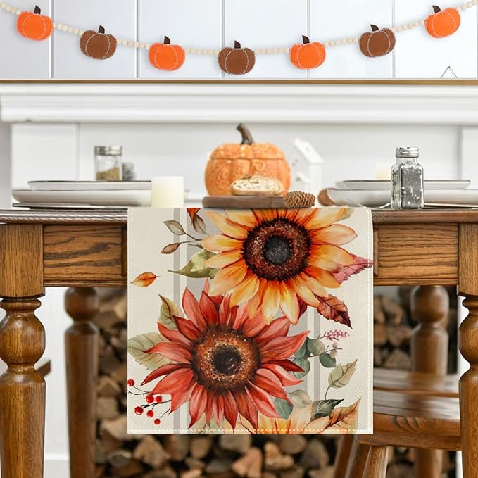 RABUSOFA Sunflower Maple Leaves Fall Table Runner, Seasonal Autumn Kitchen - Image 5