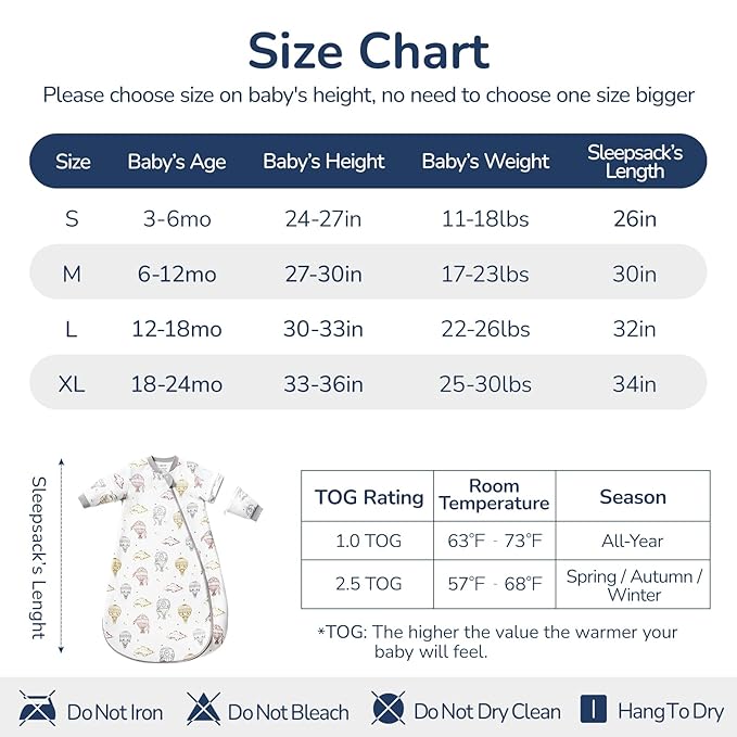 Baby Sleep Sack 12-18 Months, Cotton Detachable Long Sleeve Sleep Sack, 1.0 Tog Toddler Sleeping Sack with Temperature Strips, 2-Way Zipper Wearable Blankets for Newborns, Hot Air Balloon