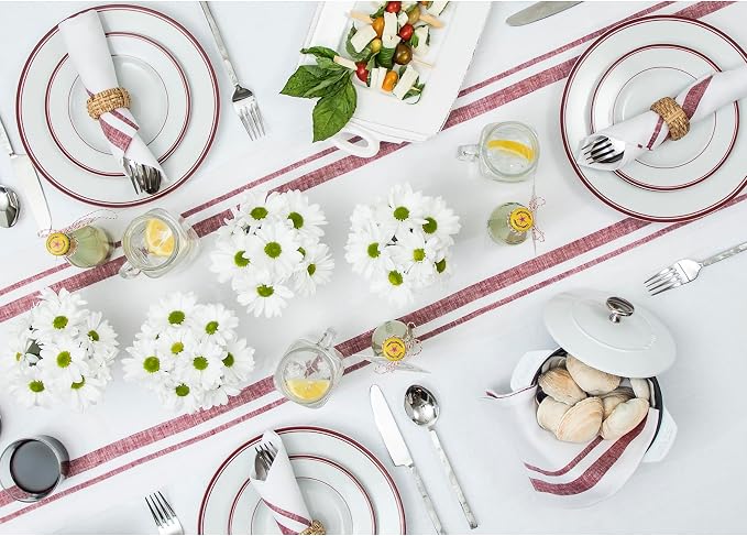 Solino Home 100% Linen Table Runner, 14 x 48 in, Burgundy and White Striped | - Image 4