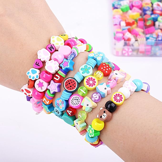 1000PCS Polymer Clay Beads Bracelet Making kit, 24 Style Cute Fun Beads Flower Animal Rainbow Eye Charms for Jewelry Necklace Earring Making DIY Accessories for Women Girls