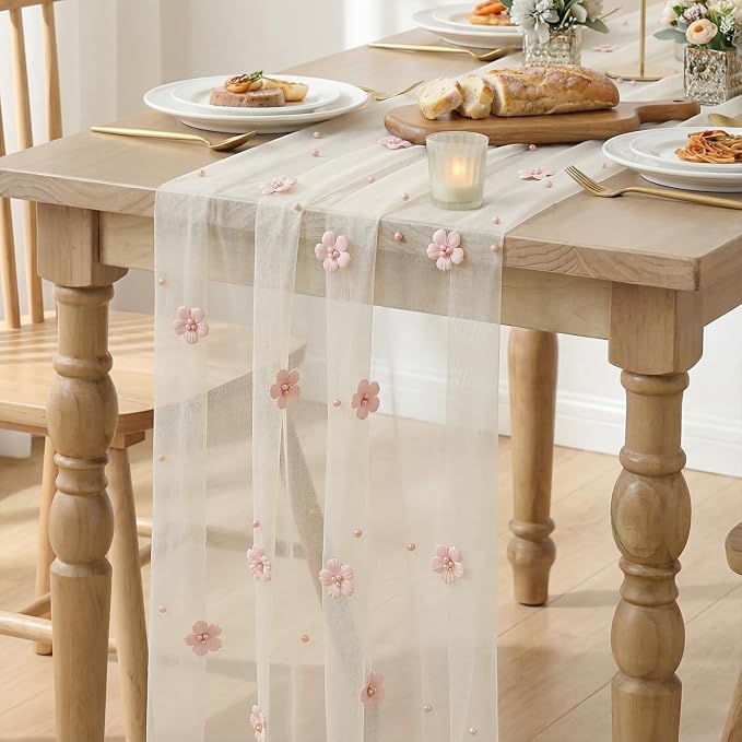 Artoid Mode Pink Flower Pearl White Gauze Table Runner 10FT, Seasonal Sheer - Image 6