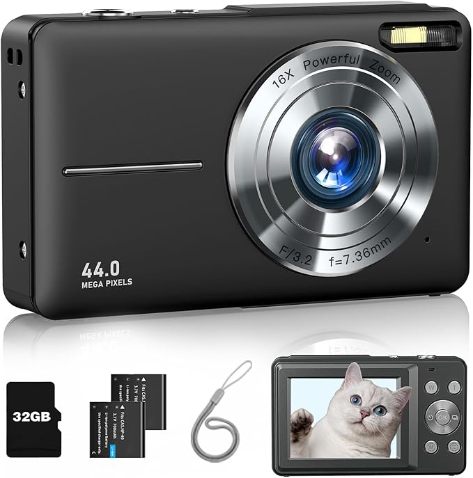 Digital Camera, FHD 1080P Point and Shoot Camera with 16X Zoom Anti Shake, Compact Small Portable for Boy Girls(Deep Black)