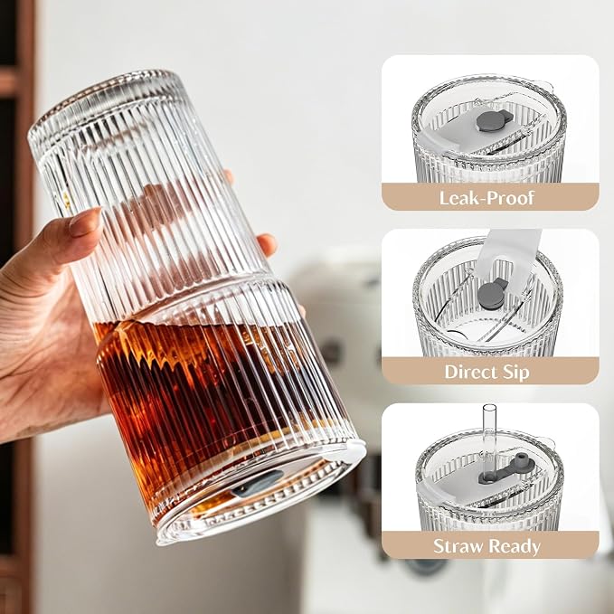 INSETLAN 6-Piece Glassware Set – 20 oz Ribbed Glass Tumblers - Image 4