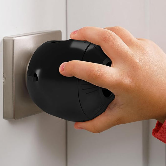 Child Safety Door Knob Cover (4 Pack) Hard-to-Remove Dual-Lock Door Handle Covers for Kids - Reusable Baby Proof Door Knob Locks - Installs Easily, No Tools Needed (Black)