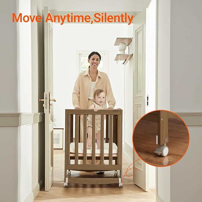 EvoNest Baby Crib, 6 in 1 Convertible Mini Crib with Wheels, 100% New Zealand Wood Growing Bed, 4 Adjustable Mattress Height，Walnut Brown (Walnut Brown)
