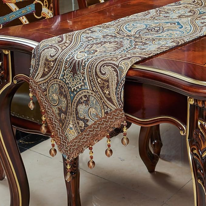 Luxury Vintage Design Table Runner 60 inches Long Embroidery Jacquard Fabric by LUFEIJIASHI