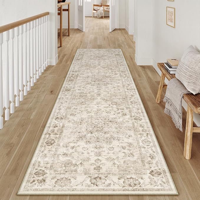 2x12 Washable Neutral Runner Rug Beige Vintage Hallway Kitchen Carpet Non-Slip by WondRg