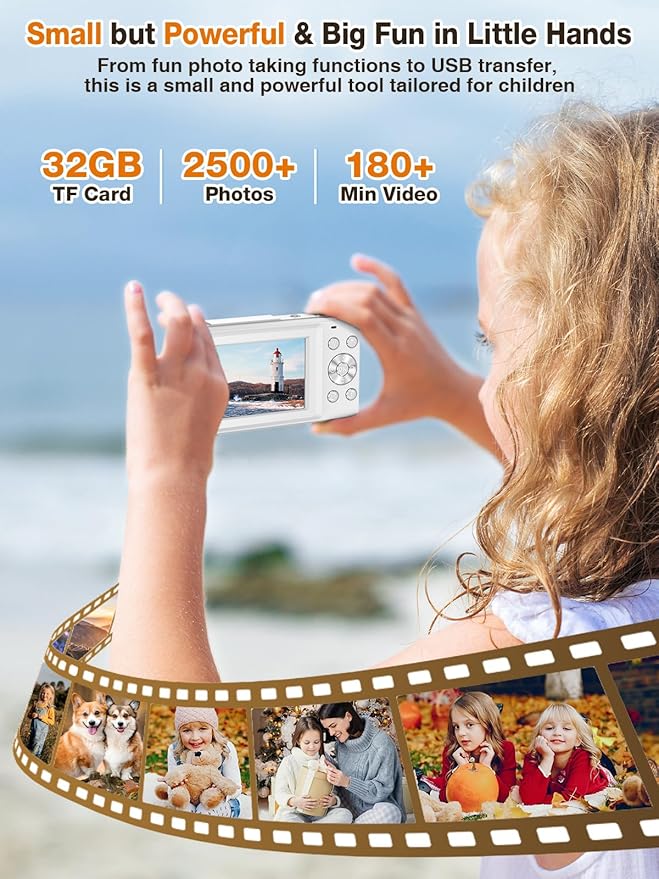 Digital Camera,FHD 1080P Kids Camera 44MP Point and Shoot Digital Cameras with 32GB Card,16X Zoom,Anti-Shake,Date Stamp,Compact Small Cameras Photography for Kids Student Teen Girl Boy(White)
