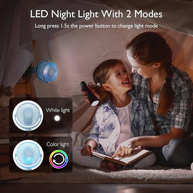 Momcozy Portable Stroller Fan, 8000mAh, 27H Ultra-long Battery Life, Detachable 4 Speed 360°Rotate, LED Night Light with 2 Modes, USB Rechargeable Handheld Cooling Fan for Travel, Car Seat, Bedroom