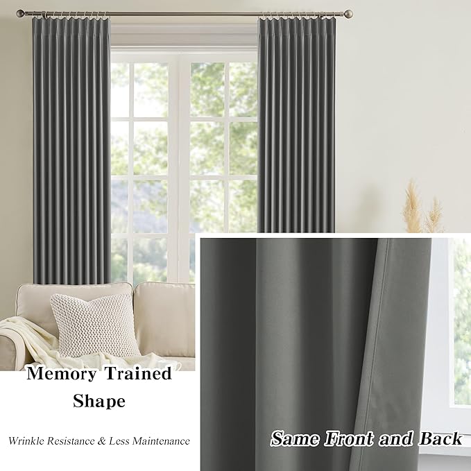 KEQIAOSUOCAI Grey Pinch Pleat Curtains & Drapes 108 Inches Long 2 Panels Set, Sound Dampening Window Treatment for Bedroom Vertical Draft Blackout Blinds for Living Room 40 x 108 9 Ft Length