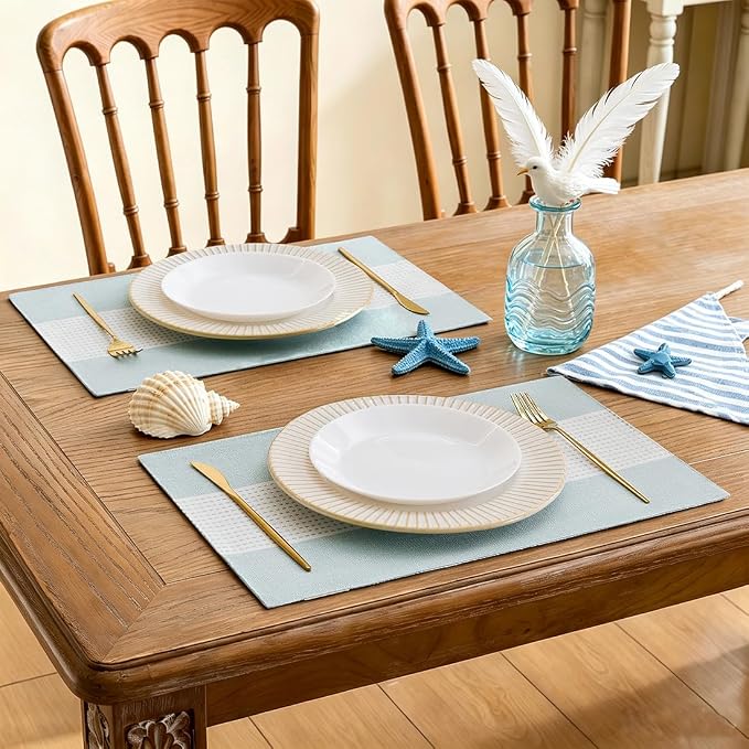 Wracra Linen Placemats Set of 6, Aqua Blue Place Mats - Image 2