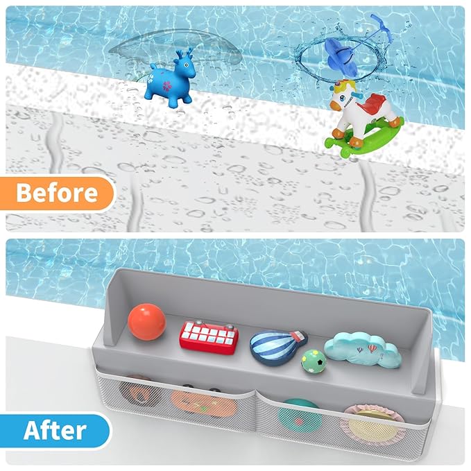 Gray Bathtub Splash Guard with Suction Cups, Waterproof Mesh Toy Organizer for Kids, Bath Toy Storage, Fits Most Tubs, Easy to Clean (Grey)