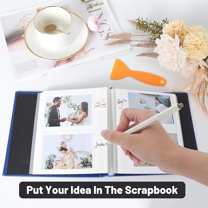 RECUTMS Small Photo Album Self Adhesive Scrapbook Magnetic Photo Albums for 4x6 5x7 8x10 Pictures for Baby Family Wedding 40 Pages with Metal Pen and Plastic Board (White)