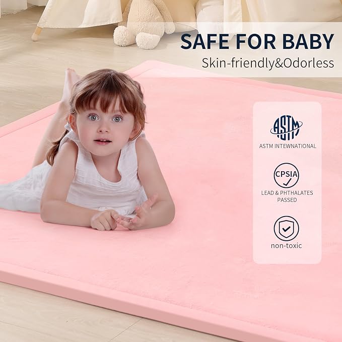 ACOMOPACK Baby Play Mat for Floor 1.3" Thick Memory Foam Play Mat 79"×157 Tummy Time Crawling with Non-Slip Bottom for Living Room,Nursery,Soft Velvet Playpen Mats for Kids,Infants（Pink）