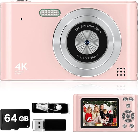 Digital Kids Camera 1080P Vlog Camera with 64GB, Lanyard, 16X Zoom Anti Shake, Card Reader 44MP Compact Portable Point Shoot Digicam for Kid Teen Girl Boy Christmas Halloween Thanksgiving(Pink)