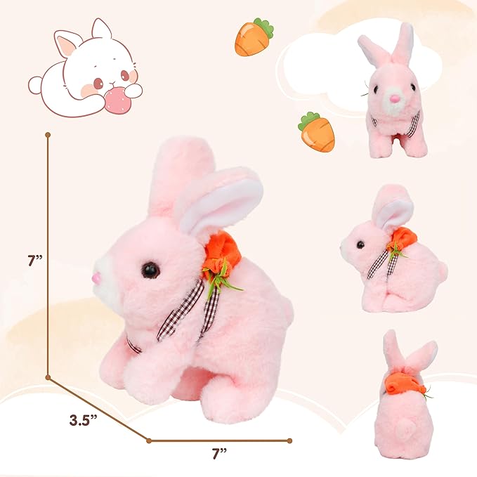 Easfan Hopping Pink Bunny Interactive Electronic Pet Plush Glowing Toy with Sounds Jumping Rabbit Ears Moving Educational Plush Toy Easter Birthday Gifts for Kids Girls, 7''