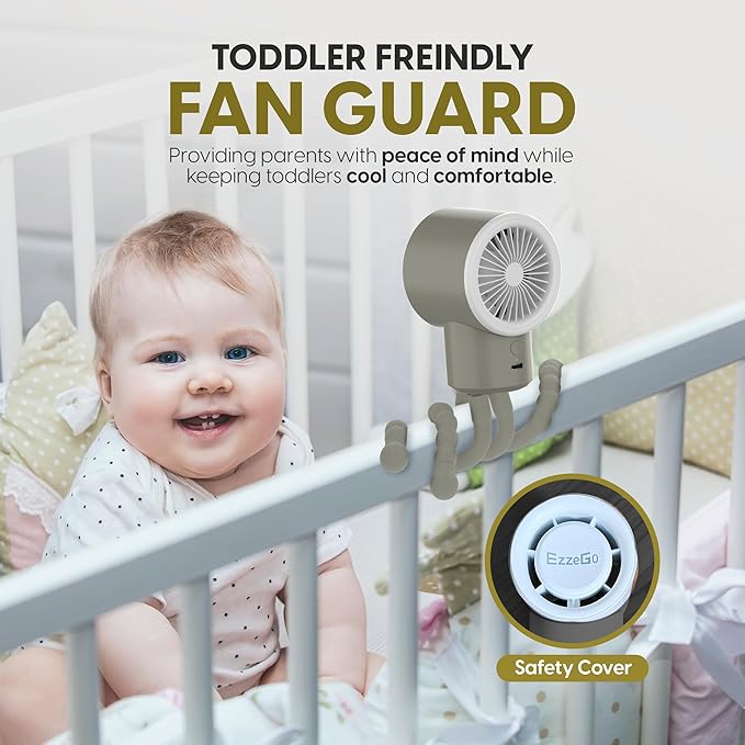 Portable Mini Travel Stroller Fan - Battery Operated, Clip On, Small, Handheld, Rotating, Rechargeable, Personal Fan with Flexible Tripod, 3 Speeds for Baby Crib, Bed Car, Seat Treadmill